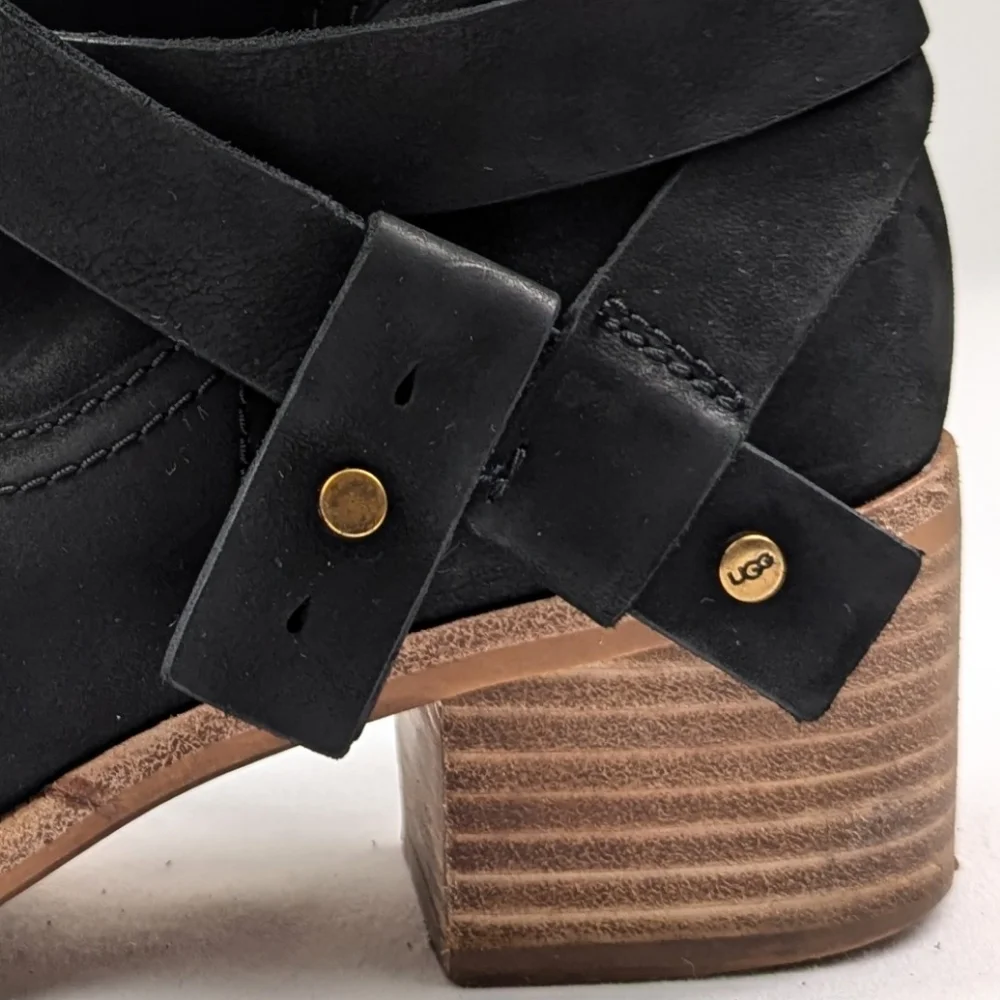UGG Elora Ankle Boot Nubuck Suede Leather  Strappy Block Heel Scandi Black 7.5